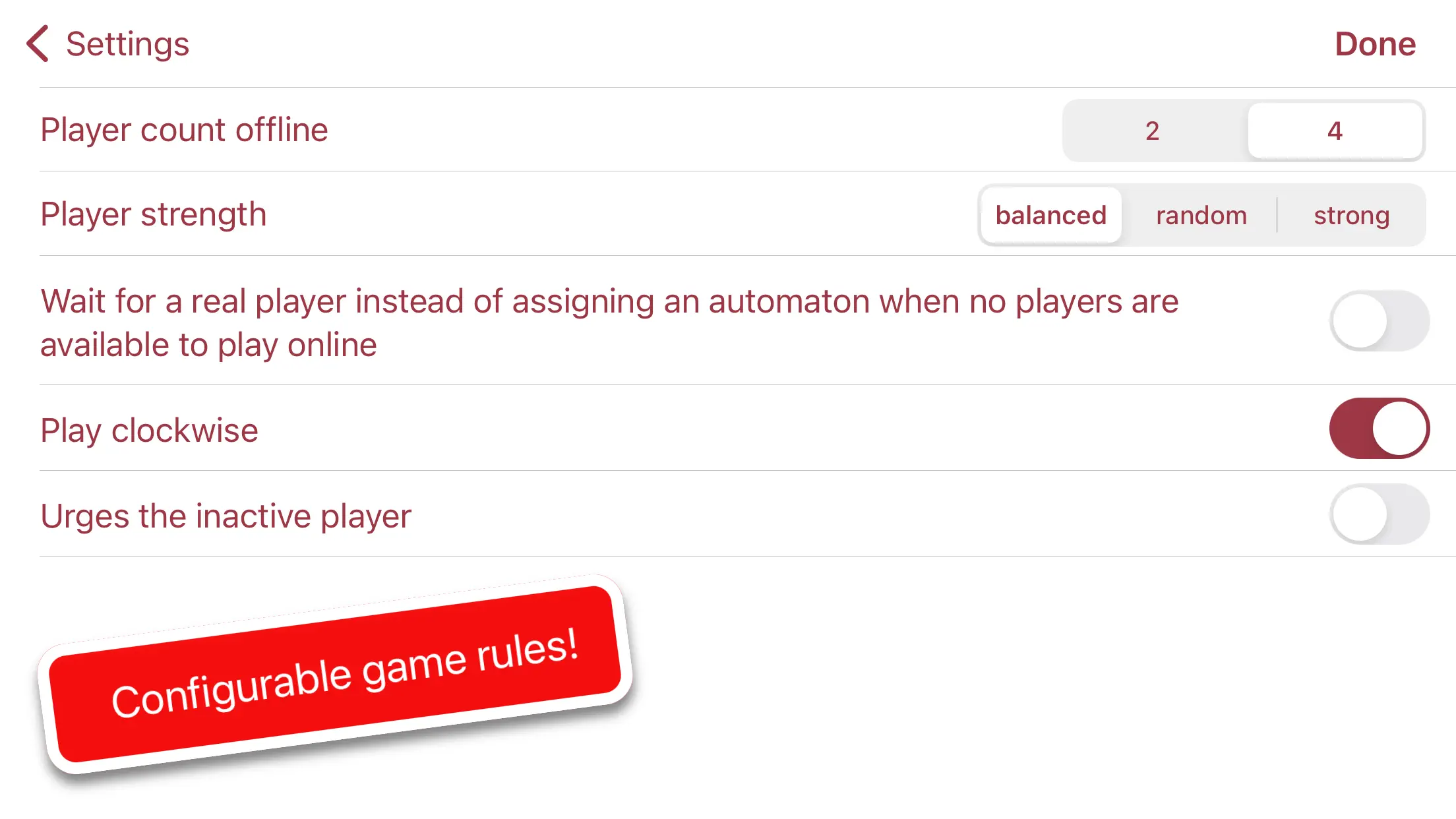Italian Burraco settings for player count, opponent strength and direction of play