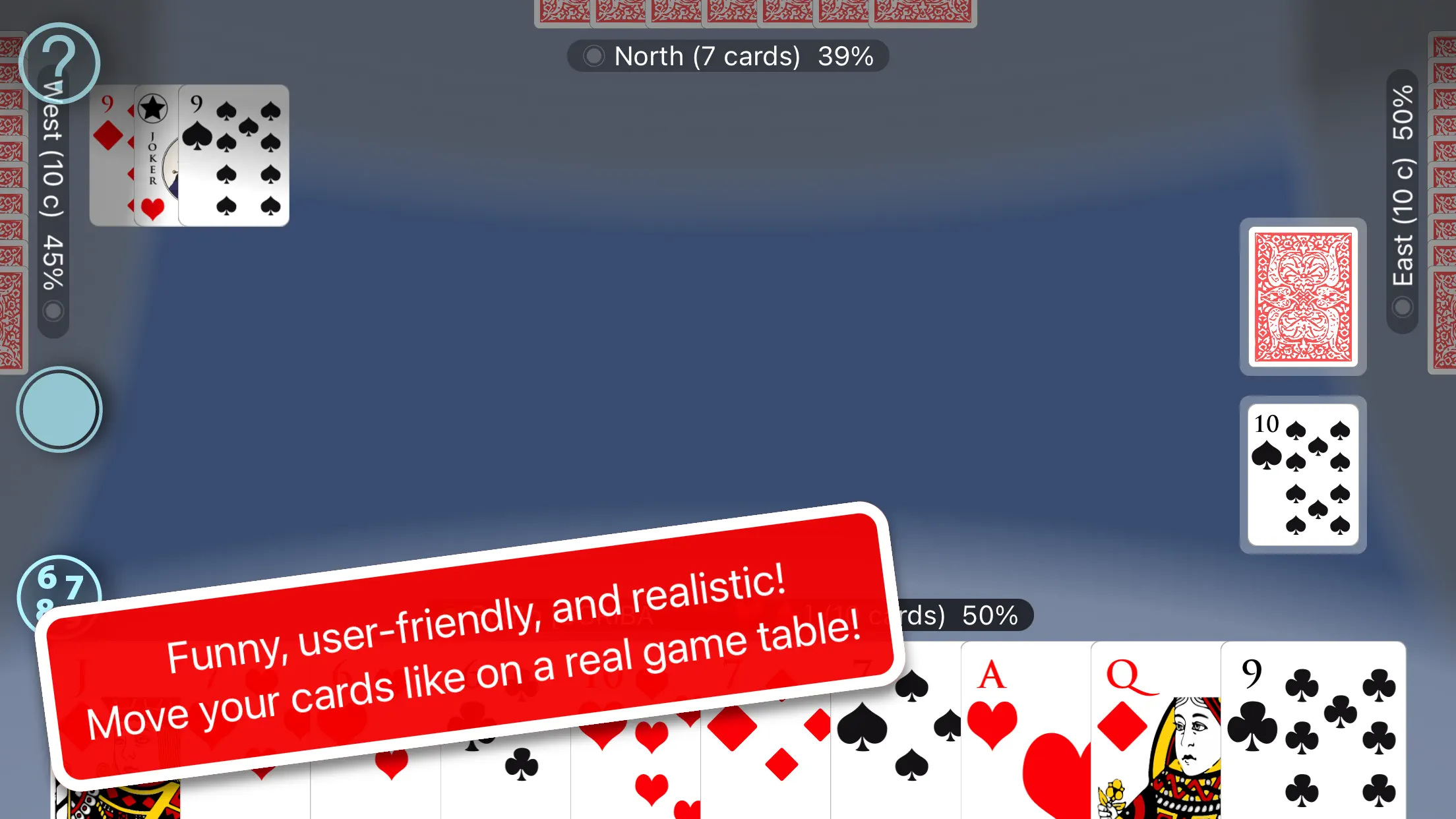 A Rummy card game in progress on a landscape iPhone